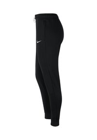 Schwarze Nike-Sweatpants mit einem Kordelzugbund, seitlichen Taschen, schmal zulaufenden Beinen und einem weißen Logo auf der linken Seite. Weicher Stoff.