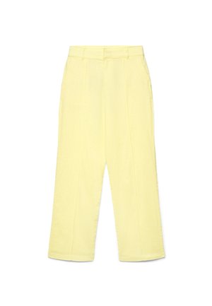 High-waisted wide-leg trousers in pastel yellow, featuring belt loops, side pockets, and pressed front creases.