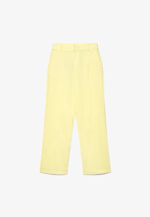 High-waisted wide-leg trousers in pastel yellow, featuring belt loops, side pockets, and pressed front creases.