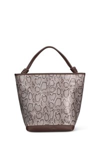 Borsa tote con stampa leopardata dalla superficie strutturata, manici marroni in materiale sintetico e base solida marrone, progettata con un'ampia apertura.