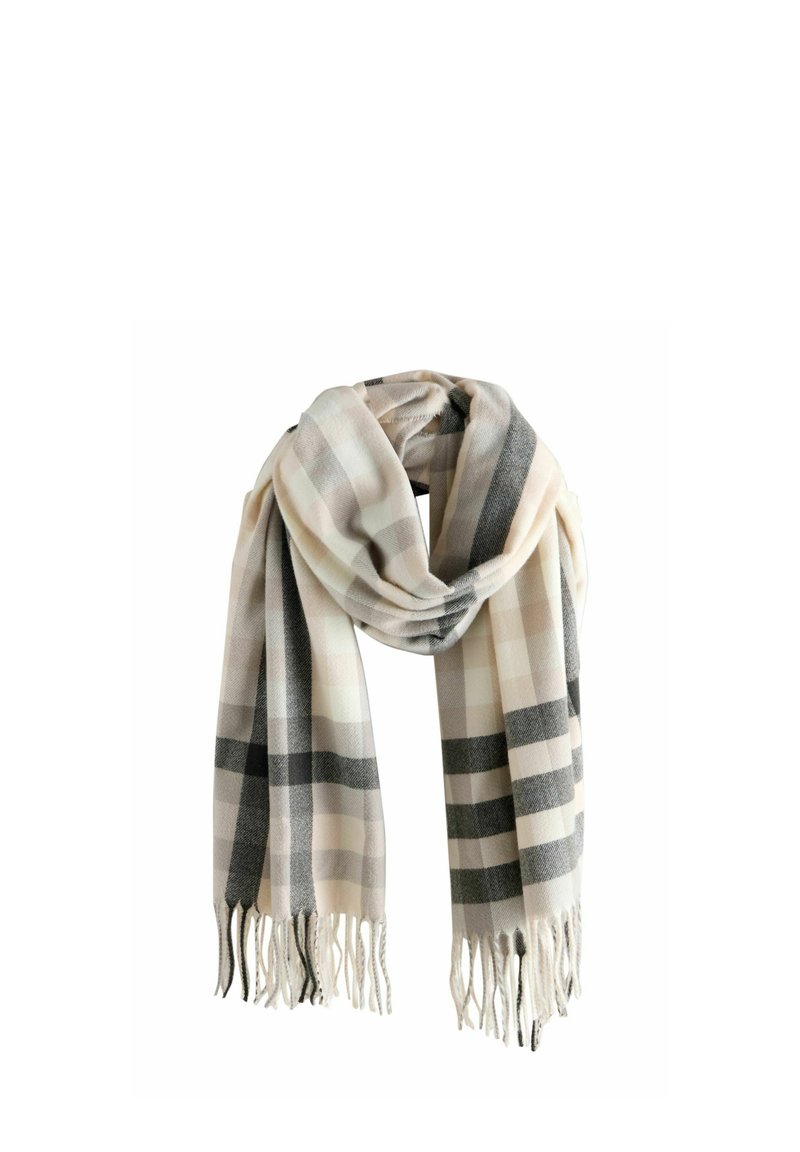 Pledas šalikas iš minkštos medžiagos su šviesiai smėlio ir pilkomis spalvomis, kraštuose su kutais ir kaitaliojamu langelių raštu.