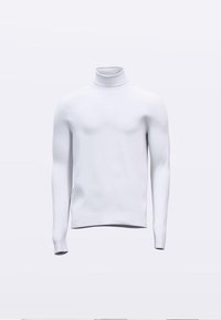 Biely rolák s dlhým rukávom, úzky strih, hladká textúra, minimalistický dizajn, bez viditeľných vzorov alebo kovových detailov.