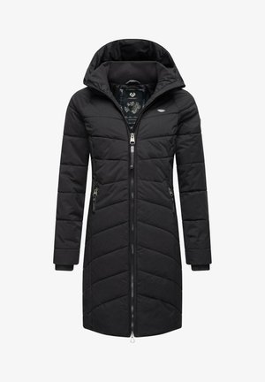 Melnas garas pūkainās mētelis ar kapuci, horizontālas undulācijas dizains, pilna priekšējā rāvējslēdzis un divas rāvējslēdzēja sānu kabatas. Gluda tekstūra, viegla materiāla.