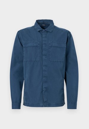 Navy blue button-up shirt made of cotton with long sleeves, two chest pockets, and a standard collar. Smooth texture with a casual design.