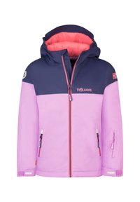 Giacca impermeabile viola e blu con fodera rosa, zip frontale, cappuccio regolabile e tasche laterali con zip. Presenta dettagli del logo e della bandiera.