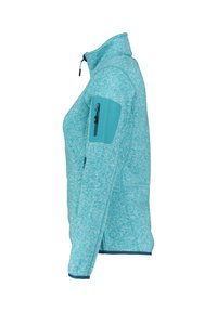 Giacca in pile azzurro chiaro con colletto alto, zip frontale e tasca sul polsino. Realizzata in tessuto testurizzato con dettagli di design aderenti.