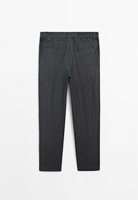 Gray pinstriped trousers with an elastic waistband, two back pockets, and tapered leg design. Made from woven fabric, smooth texture.