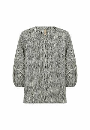 Mustreeritud must-valge pluus V-kaelusega, nööpide ja puffse varrukatega; valmistatud kergest tekstureeritud kangast.