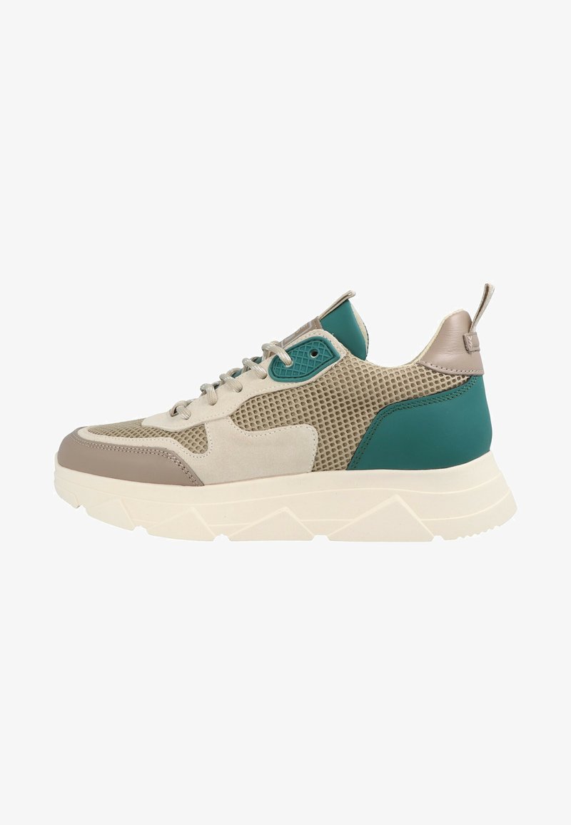 Men's sneaker featuring a beige mesh upper, teal accents, brown synthetic overlays, and a chunky white sole with geometric patterns.