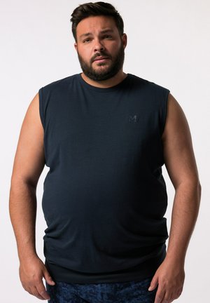 Maglietta senza maniche blu navy con scollatura rotonda, realizzata in tessuto liscio; presenta un logo sottile sul petto e una cintura elastica.