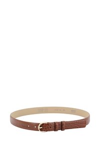 Brauner Gürtel aus Krokodilleder mit goldener Schnalle, zwei Gürtelschlaufen und inneren Markierungen, die Größe und Markendetails anzeigen.