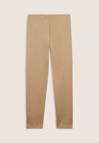 Leggings beige in un tessuto liscio e elasticizzato. Presentano una ampia vita elastica e una silhouette aderente, che si estende fino alla caviglia.