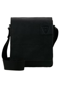Borsa messenger nera in pelle con chiusura a flap, tracolla regolabile e finitura testurizzata. Presenta una patch con logo sulla parte anteriore.