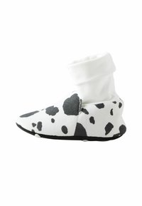 Botines suaves de diseño cónico con un patrón en blanco y negro, que cuentan con un puño blanco plegable y una suela negra. Adecuados para niños.