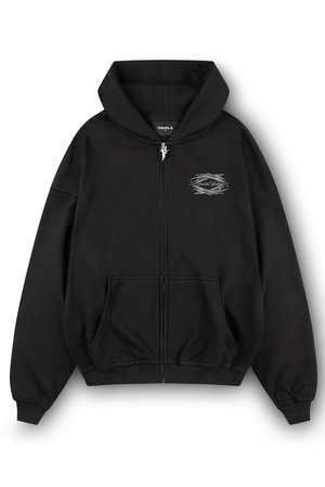 Hoodie zippé noir en mélange de coton, avec une poche frontale, des poignets côtelés et un logo graphique subtil sur la poitrine gauche.