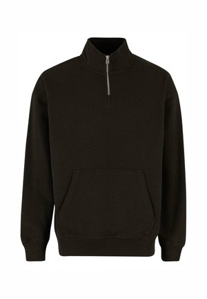 Black pullover sweatshirt with a high collar and quarter zip, featuring a front pocket, ribbed cuffs, and a smooth texture.