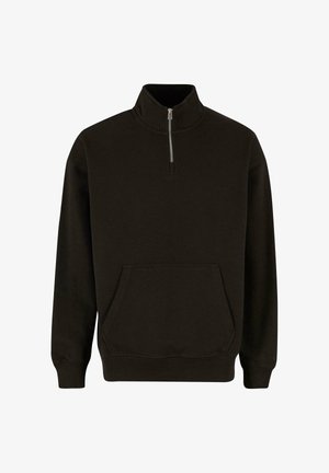 Sweatshirt noir à col haut et fermeture zippée quart, avec une poche avant, des poignets côtelés et une texture lisse.