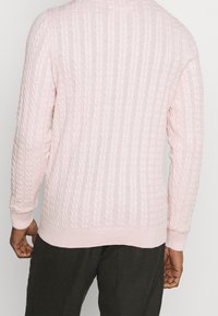 Light pink cable-knit sweater with ribbed cuffs and hem, featuring textured patterns throughout. The design is fitted and long-sleeved.