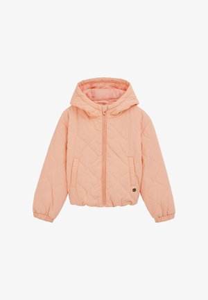 Chaqueta acolchada con capucha en color melocotón suave, con cremallera frontal, bolsillos laterales y puños elásticos. Presenta un detalle sutil de la marca.