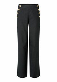 Donkergrijze wijde broek van soepel materiaal, met een hoge tailleband en zes gouden knopen aan de zijkant voor de afwerking.
