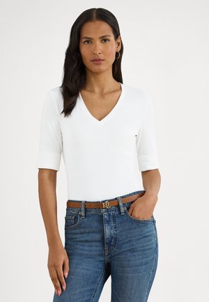 STRETCH COTTON ELBOW SLEEVE V NECK TEE - T-shirts - white