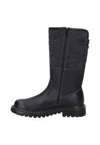 Botas de cuero negro y fieltro hasta la rodilla con cremallera lateral, parte superior texturizada y suela de goma con un dibujo pronunciado para mayor tracción.