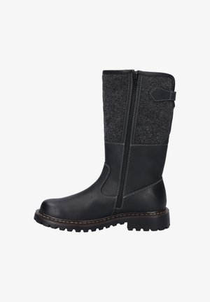 Black leather and felt knee-high boots with a side zipper, textured upper, and rubber sole featuring pronounced tread for traction.