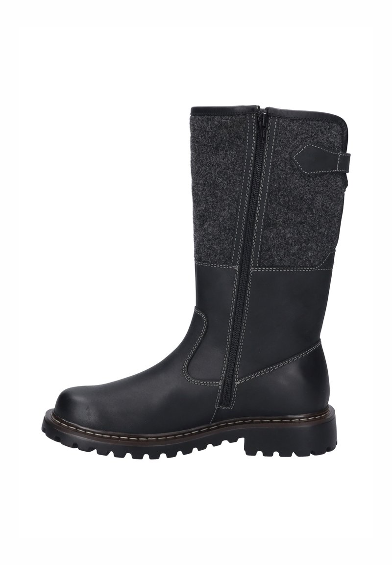 Botas de cuero negro y fieltro hasta la rodilla con cremallera lateral, parte superior texturizada y suela de goma con un dibujo pronunciado para mayor tracción.