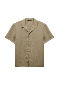 Kortærmet skjorte med knaplukning i lys beige, lavet af struktureret stof med et krøllet udseende. Har en krave og seks knapper.