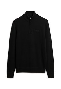 Maglione nero con colletto alto e chiusura a zip. Realizzato in morbido materiale lavorato a maglia, presenta polsini e orlo a costine, con una discreta ricamo del logo.