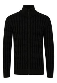 Czarny sweter na zamek z fakturą prążkowaną z pionowymi wzorami w paski oraz wysokim kołnierzem. Wykonany z miękkiego dzianinowego materiału.