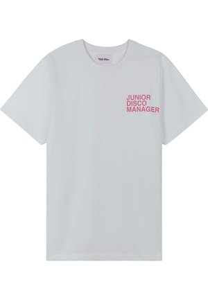 Bílý bavlněný tričko s krátkým rukávem. Na levé části hrudi je vytištěný nápis "JUNIOR DISCO MANAGER" v růžové barvě. Jednoduchý, klasický design.