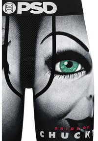 Boxer in poliestere nero con grafica di un volto femminile con occhi verdi, evidenziato da toni grigi, e testo "BRIDE OF CHUCKY".