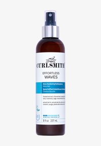 Braune Glas-Sprühflasche mit klarem Sprühkopf, beschriftet mit "Curlsmith Effortless Waves" in schwarzem und blauem Text, 8 fl oz, mit botanischen Extrakten.