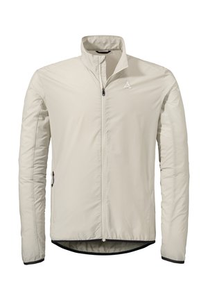 Leichte, cremefarbene Jacke mit Stehkragen, Vollreißverschluss und kontrastierendem schwarzen Saum. Verfügt über ein Logo auf der Brust und Reißverschlusstaschen.