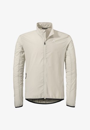 Leichte, cremefarbene Jacke mit Stehkragen, Vollreißverschluss und kontrastierendem schwarzen Saum. Verfügt über ein Logo auf der Brust und Reißverschlusstaschen.