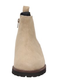 Beige Wildleder-Ankle-Boot mit runder Zehenpartie, seitlichem Reißverschluss, Zuglasche an der Rückseite und strukturiertem Gummisohle für besseren Halt.