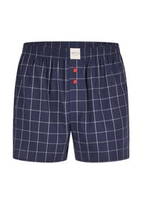 Boxer in cotone a quadri navy, con morbido cinturino elastico e due bottoni rossi davanti. Motivo a griglia bianca su tutta la superficie.