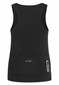Canotta nera da ciclismo con finitura testurizzata, design senza maniche, tasca con zip sul retro e dettaglio del logo sull'orlo inferiore.