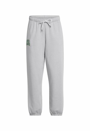 Light gray sweatpants made of soft material, featuring an elastic waist with drawstring and cuffed hems. Green logo detail on the left thigh.
