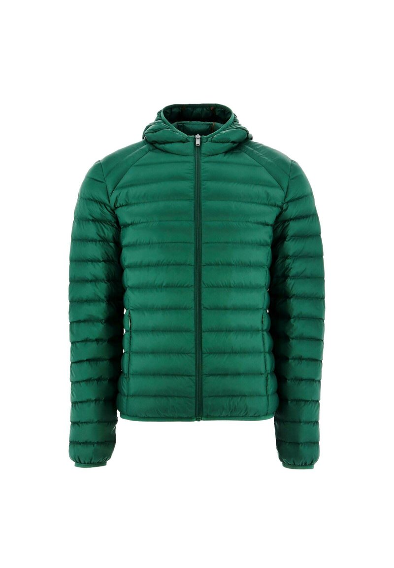 Groene pufferjack met capuchon, voorzien van een gequilt design, volledige rits aan de voorkant en lange mouwen. Gemaakt van lichtgewicht, gladde materialen.