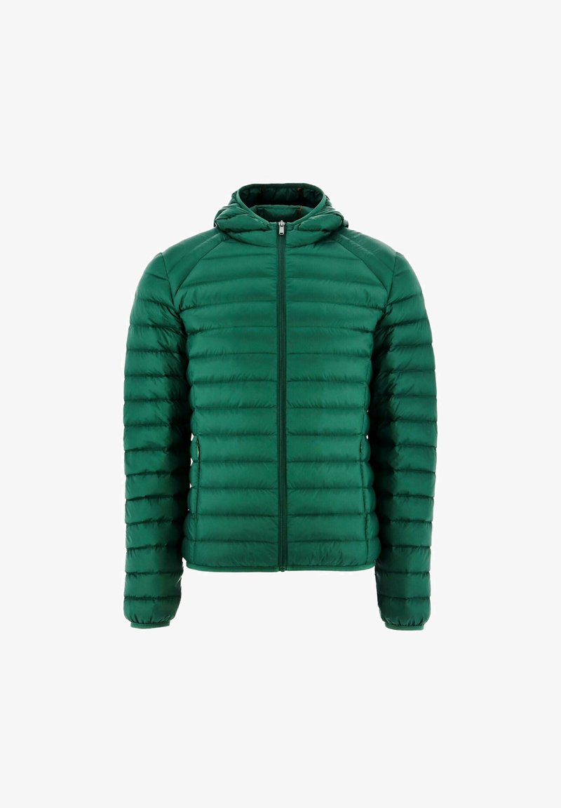 Veste rembourrée verte avec capuche, présentant un design matelassé, une fermeture éclair sur toute la longueur devant et des manches longues. Fabriqué en matériau léger et lisse.