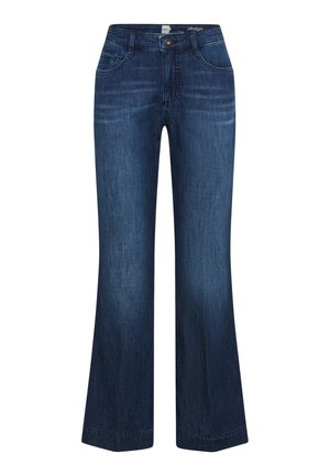 Dunkelblaue, hoch taillierte Jeans aus Denim mit leichter Waschung, Knopf- und Reißverschluss, vorderen Taschen und geraden, weiten Beinen.