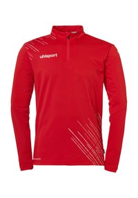 Pullover atletico rosso con colletto a zip a quarti, maniche lunghe e motivi a linee diagonali bianche sul lato sinistro; realizzato in tessuto traspirante.