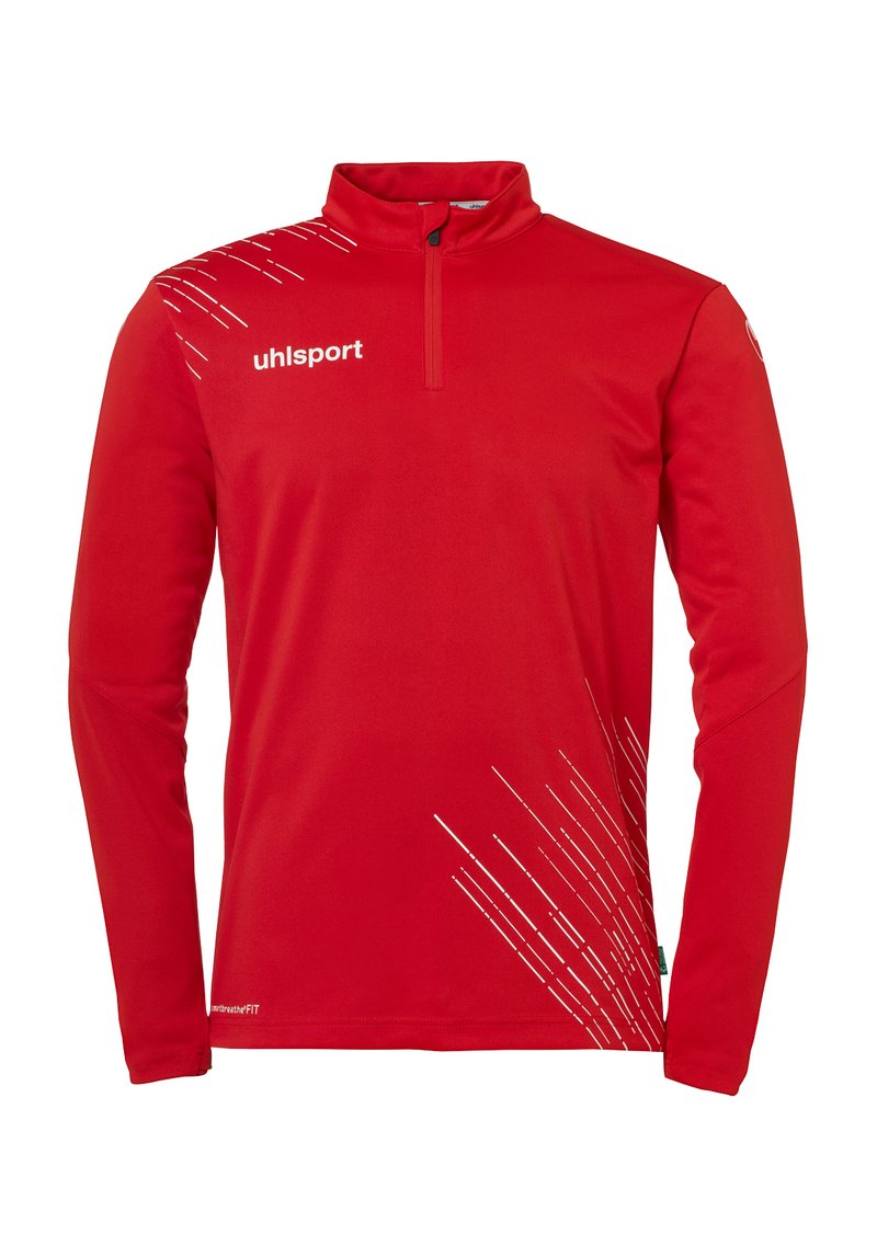 Pullover atletico rosso con colletto a zip a quarti, maniche lunghe e motivi a linee diagonali bianche sul lato sinistro; realizzato in tessuto traspirante.