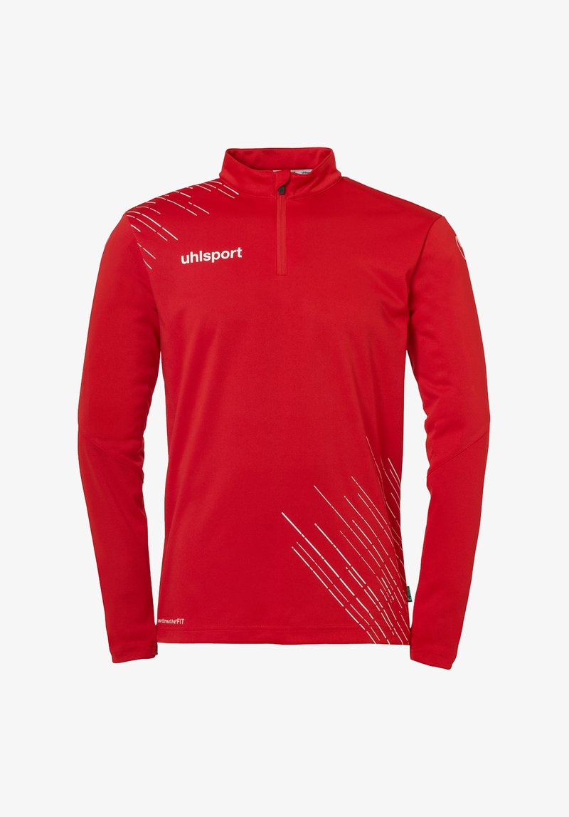 Pullover atletico rosso con colletto a zip a quarti, maniche lunghe e motivi a linee diagonali bianche sul lato sinistro; realizzato in tessuto traspirante.