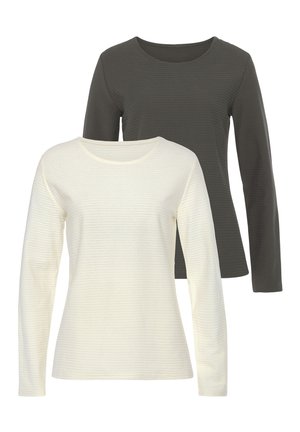 Deux chemises à manches longues : l'une crème avec un motif texturé, l'autre gris anthracite, toutes deux avec des encolures arrondies et un tissu doux.
