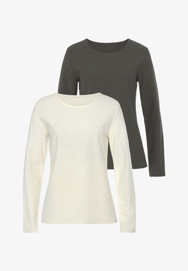Zwei Langarmshirts: eines in Creme mit einem strukturierten Muster, das andere in Graphitgrau, beide mit runden Ausschnitten und aus weichem Stoff.