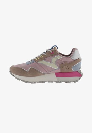 Sporty sneakers featuring a mix of pink, gray, and brown materials, with suede and mesh textures, accented by colorful eyelets and a chunky sole.