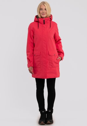 Rosa vattentät parkas med huva, som har en framzipper, två stora knapplås fickor och justerbara dragsnören.